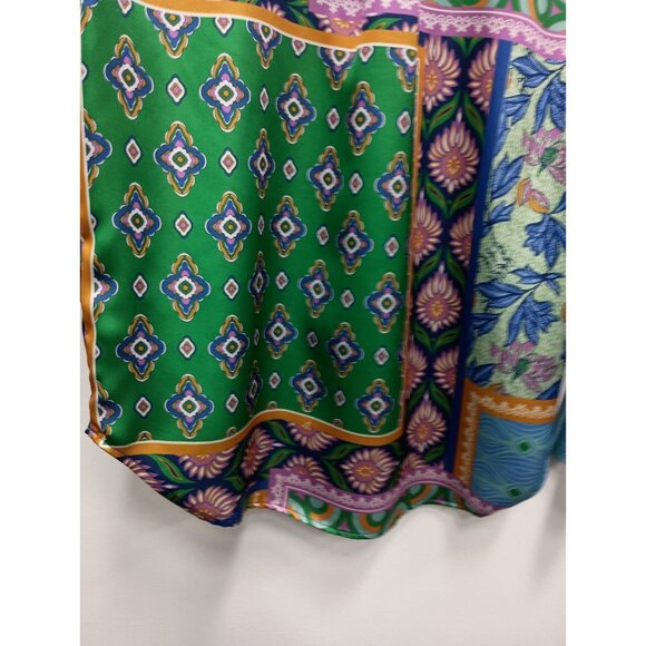 Rachel Zoe BOHO Top Womens Medium Floral Patchwork Satin Button Up Long Sleeve - Picture 10 of 11